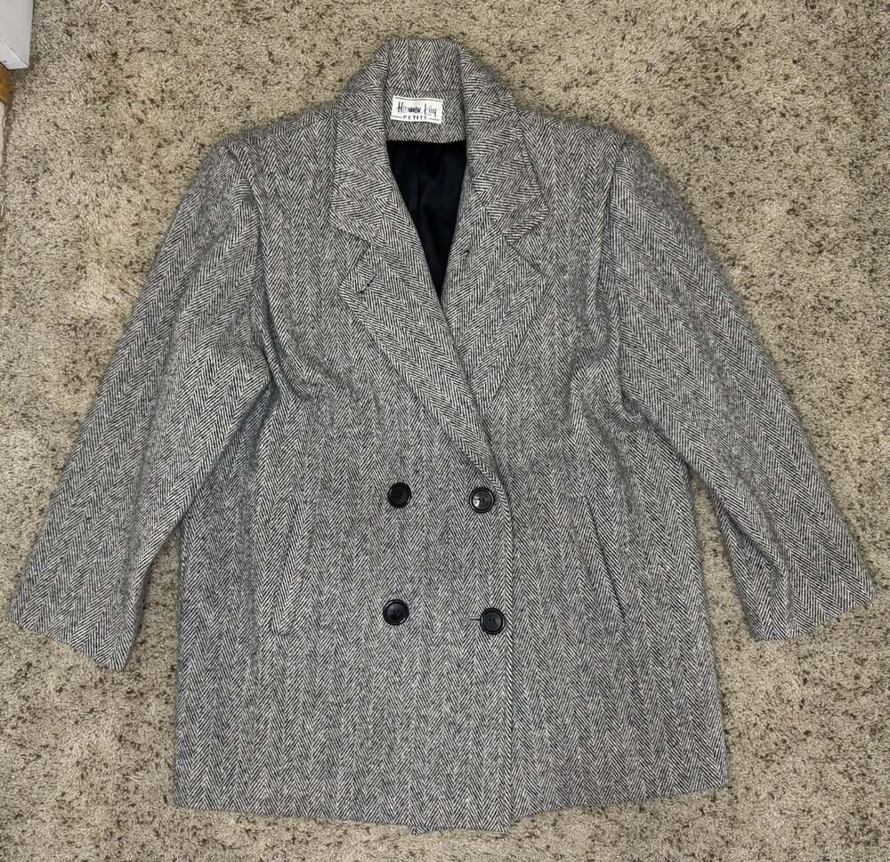 HERMAN KAY Wool Blend Pea Coat Blazer Herringbone English Countryside 14 Petite